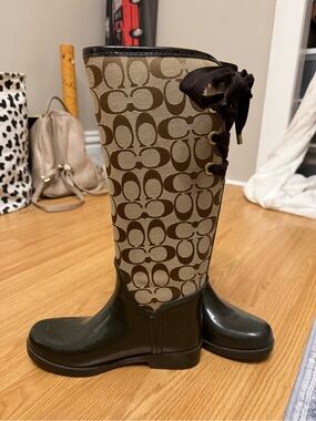 Coach Brown Signature Lace-Up Rain Boots